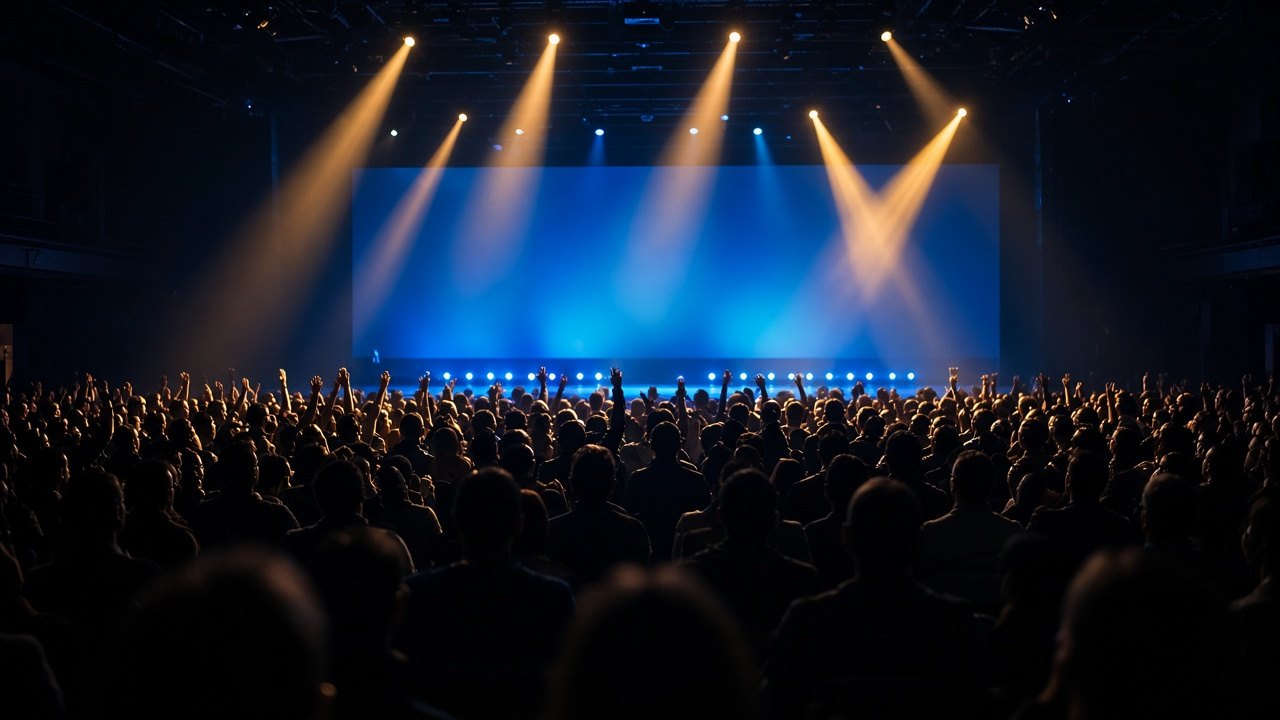 Conference audience facing a stage in blue and aqua light