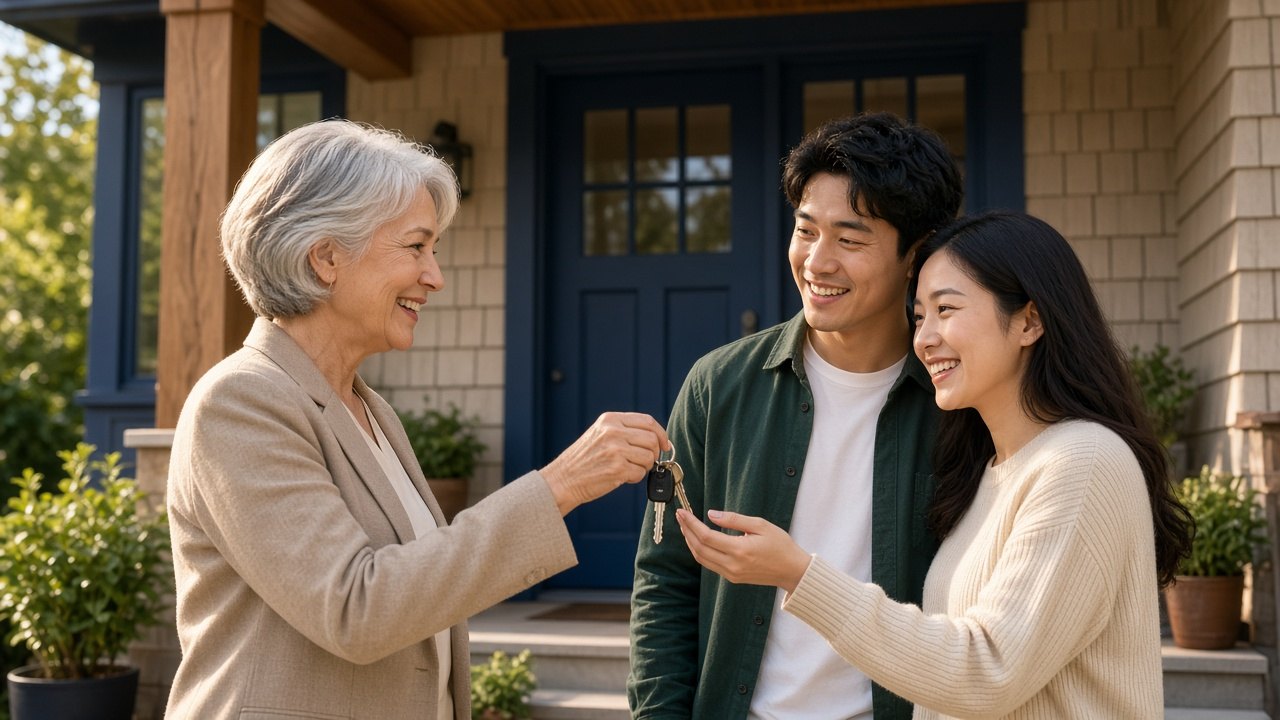 Agent handing house keys to a couple on a front porch